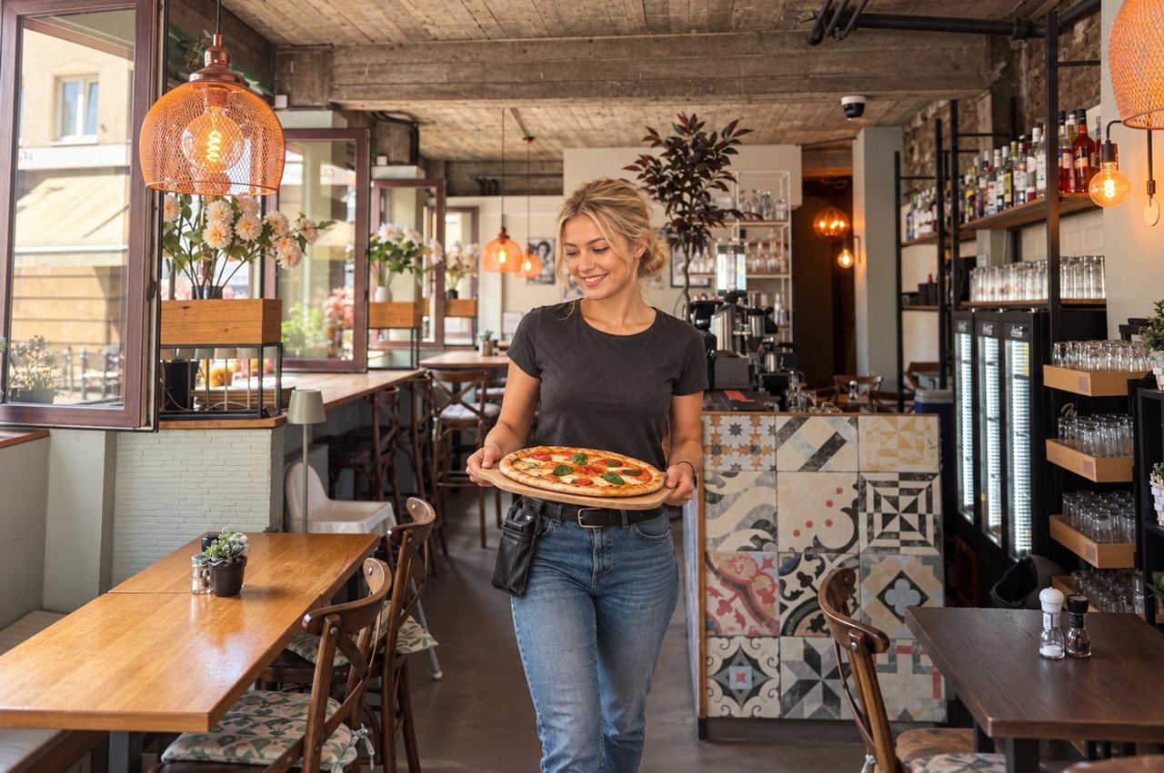 Mitarbeiterin trägt eine frisch gebackene Pizza auf einem Holzbrett durch den Gastraum